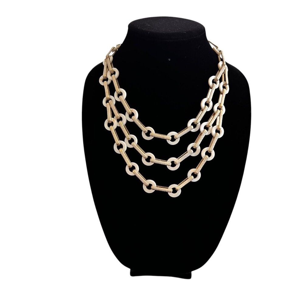 Chico's Mother of Pearl Multi-strand Gold Textured Link Statement Necklace - Picture 3 of 12